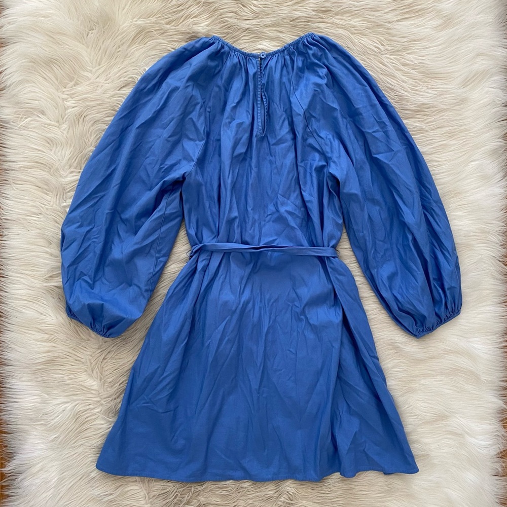 Reformation Blue Dusk Puff Long Sleeve Organic Cotton Belted Waist Rennae Dress - Picture 7 of 13